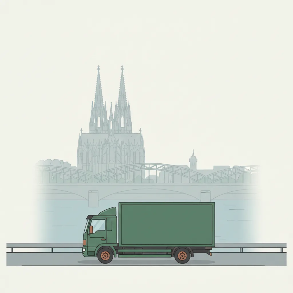 Comic-Illustration: kleiner blauer Transporter fährt vor spanischer Mittelmeerküste – Beiladung von Hamburg nach Spanien