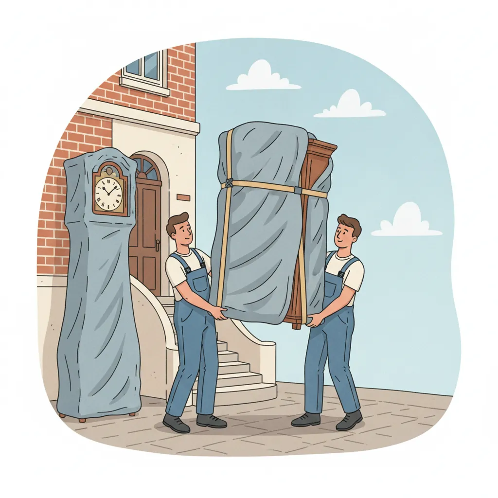Comic-Illustration: zwei Träger tragen einen sorgfältig in Decken gepolsterten antiken Schrank mit Standuhr aus einem Hamburger Altbau – Antiquitätentransport in Hamburg