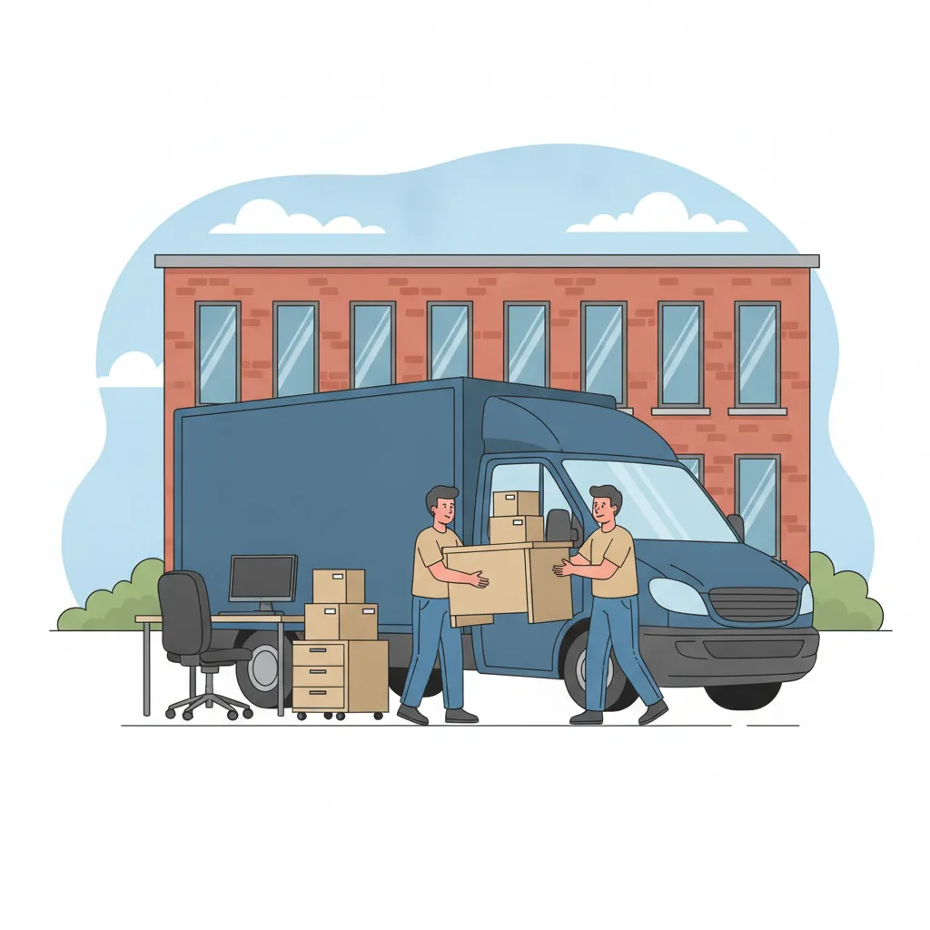 Comic-Illustration: Bürostühle, Monitore und ein Rollcontainer werden vor einem Hamburger Bürohaus in einen blauen Transporter geladen – Büroumzug in Hamburg