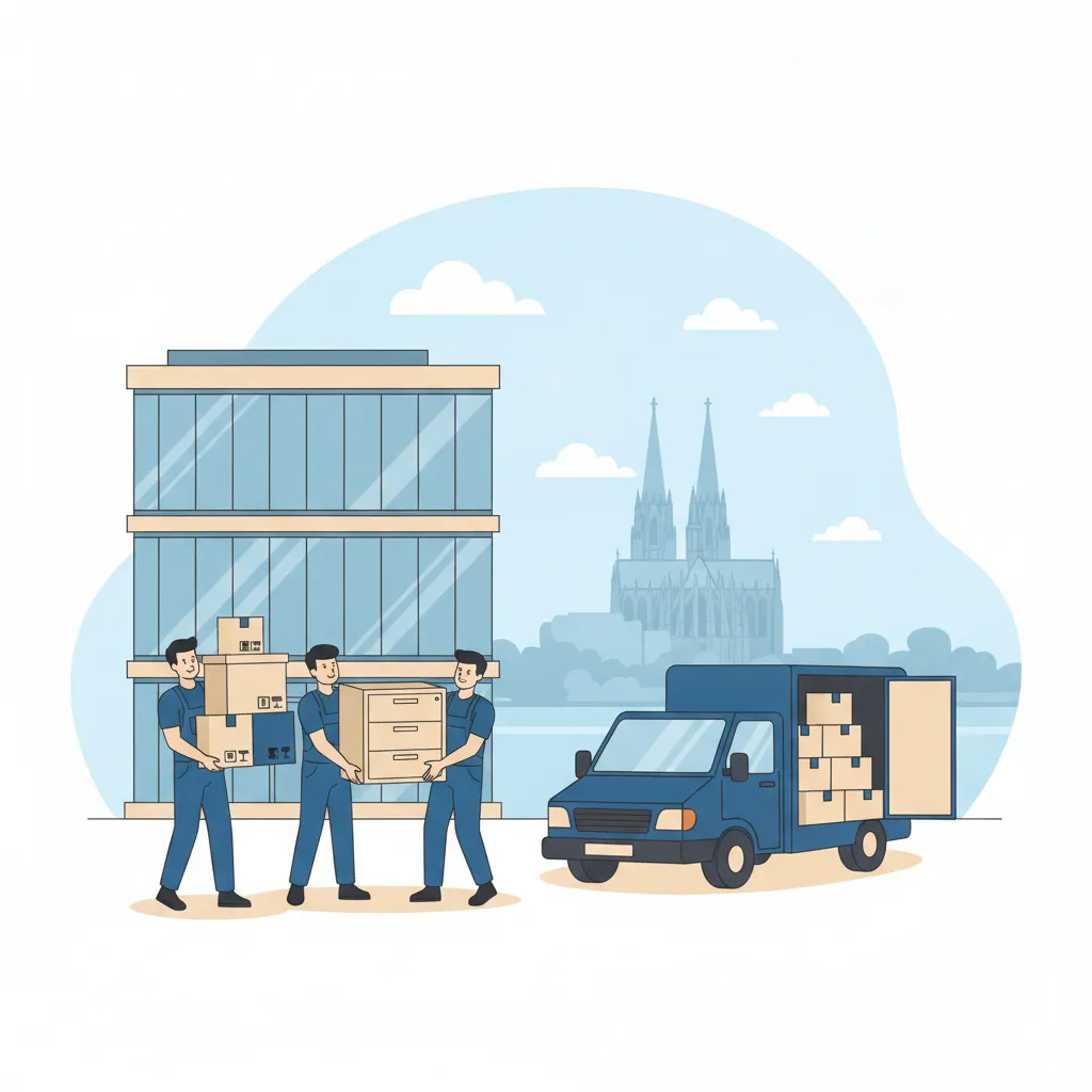 Comic-Illustration: zwei Umzugshelfer tragen einen Aktenschrank und beschriftete IT-Kartons aus einem Kölner Bürogebäude am Rhein – Büroumzug in Köln