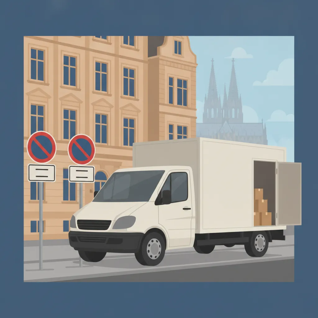 Comic-Illustration: zwei amtliche Halteverbotsschilder vor einem Kölner Gründerzeit-Altbau, dahinter ein Umzugstransporter an der Bordsteinkante – Halteverbot für den Umzug in Köln