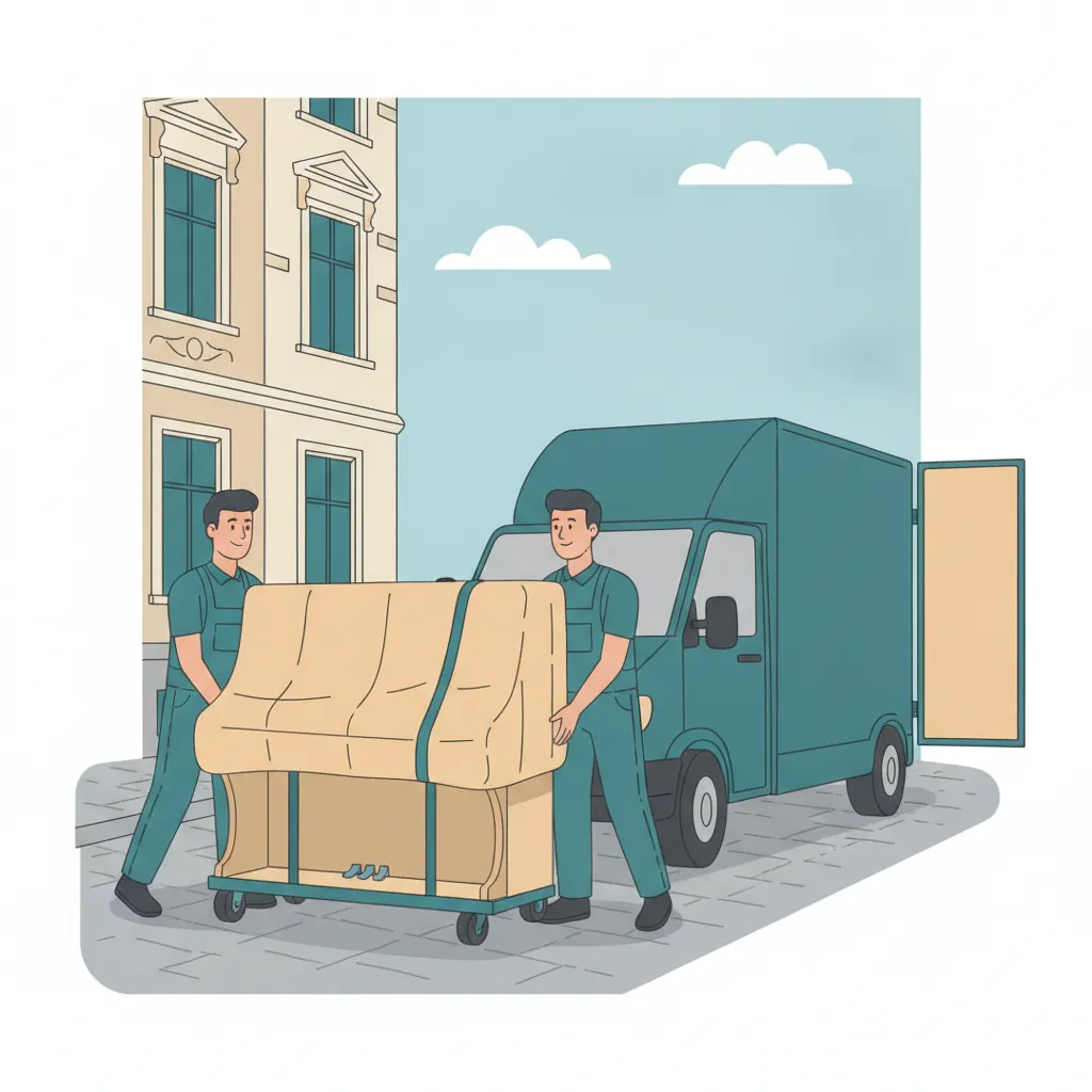 Comic-Illustration: zwei Träger bewegen ein gepolstertes Klavier auf einem Klavierroller zum Transporter vor einem Kölner Gründerzeit-Altbau – Klaviertransport in Köln