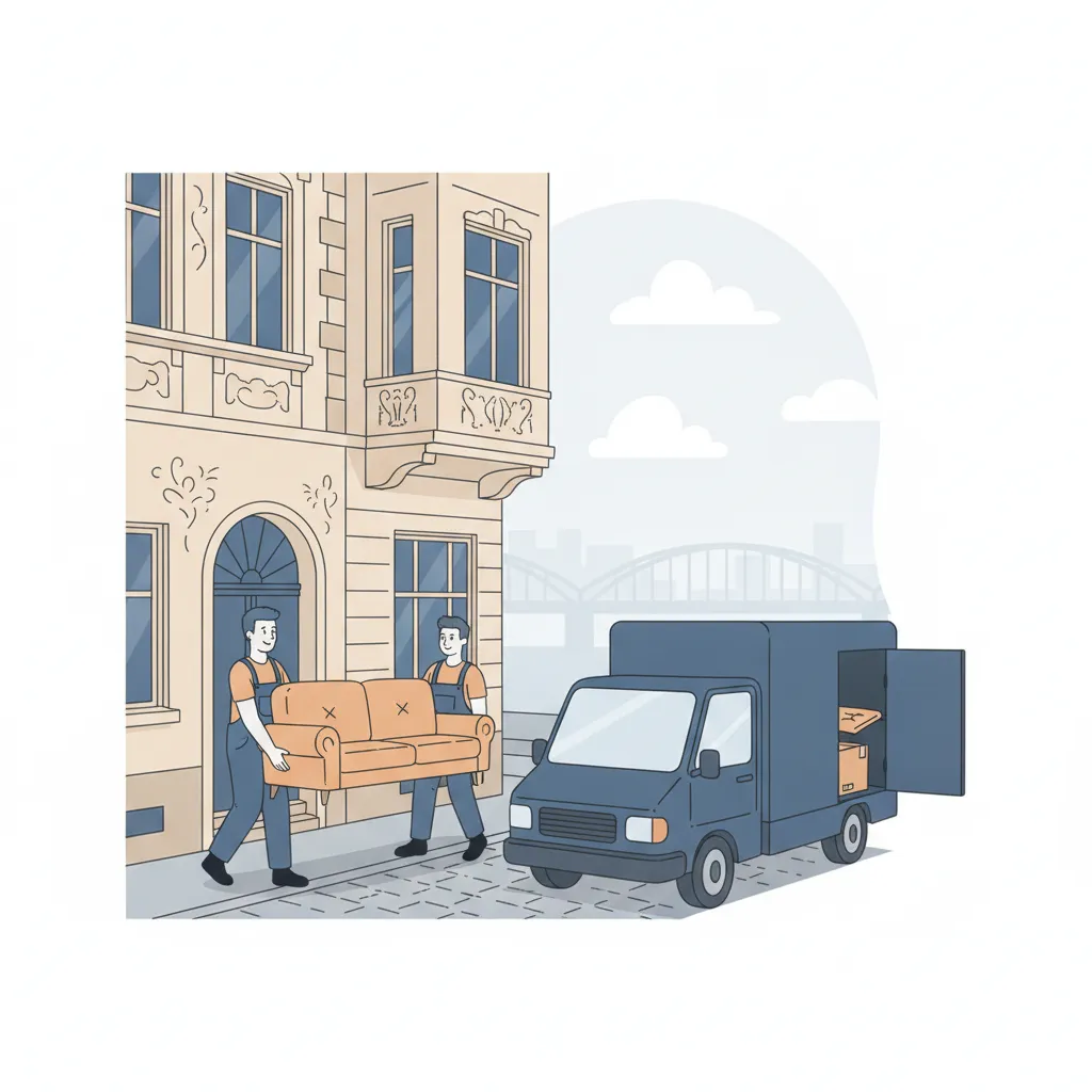 Comic-Illustration: Fahrer trägt mit einem Helfer gemeinsam ein Sofa aus einem engen Kölner Altbau in einen kleinen Transporter – Kleintransport Köln mit Fahrer