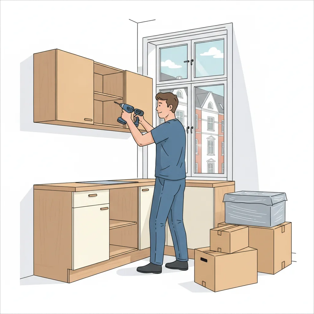 Comic-Illustration: ein Monteur baut in einer Hamburger Altbauwohnung eine Einbauküche ab und auf, daneben gepolsterte Kartons – Küchenumzug in Hamburg