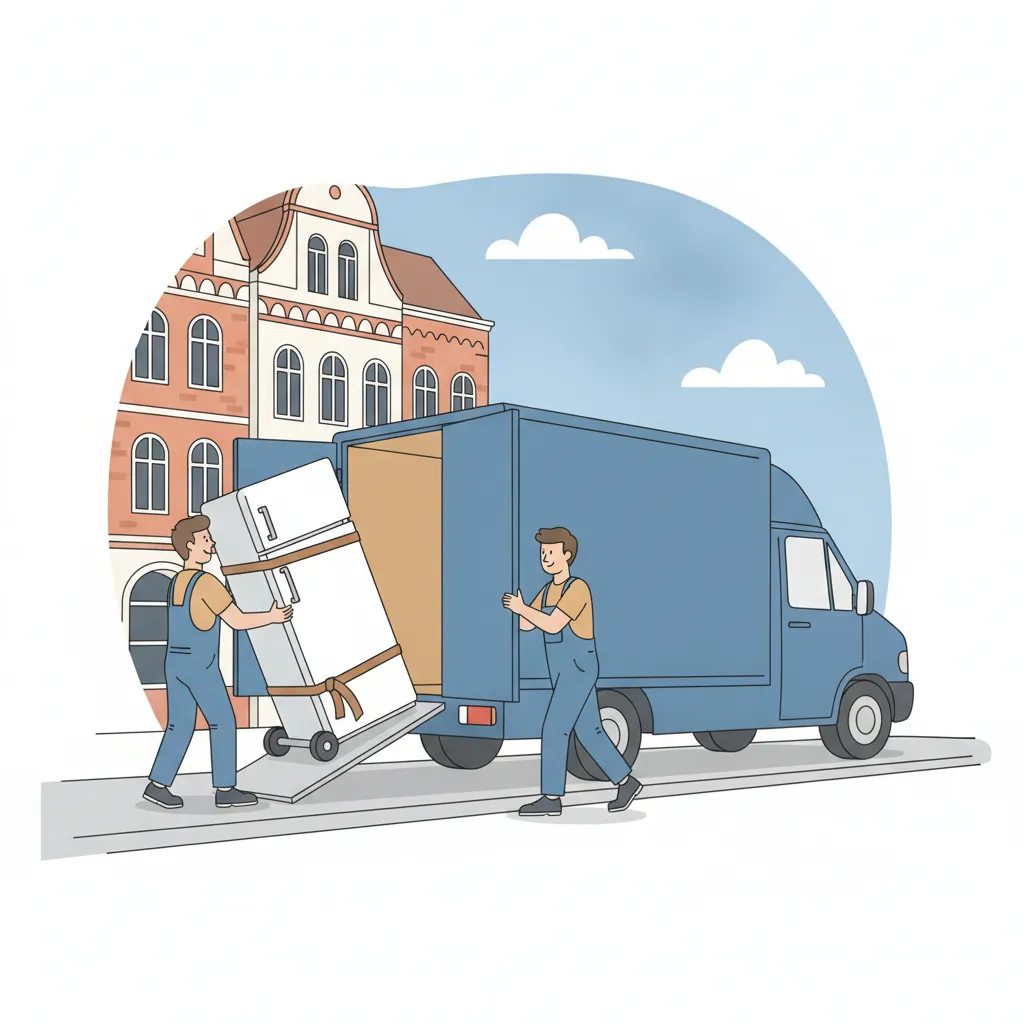 Comic-Illustration: ein weißer Kühlschrank wird gesichert auf einer Sackkarre in einen blauen Transporter geladen, vor einem Hamburger Altbau – Kühlschrank Transport in Hamburg