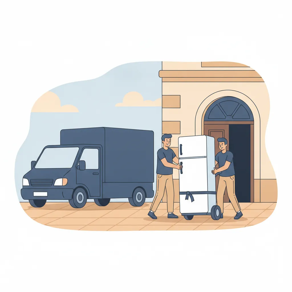 Comic-Illustration: zwei Träger tragen einen stehenden Kühlschrank mit Sackkarre vom Transporter zur Haustür eines Kölner Altbaus – Kühlschrank Transport in Köln