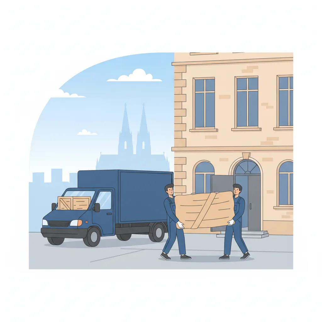 Comic-Illustration: zwei Kunstpacker tragen ein verpacktes Gemälde vom Transporter zur Galerie vor Kölner Altbaufassade – Kunsttransport in Köln