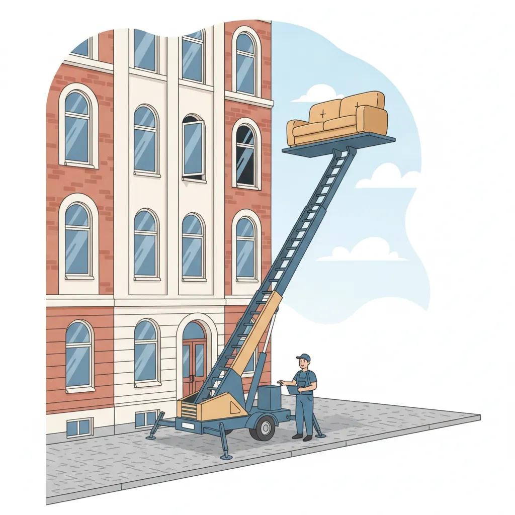 Comic-Illustration: Möbellift / Außenaufzug an einer Hamburger Altbau-Fassade hebt ein Sofa zum Fenster im Obergeschoss – Möbellift in Hamburg mieten