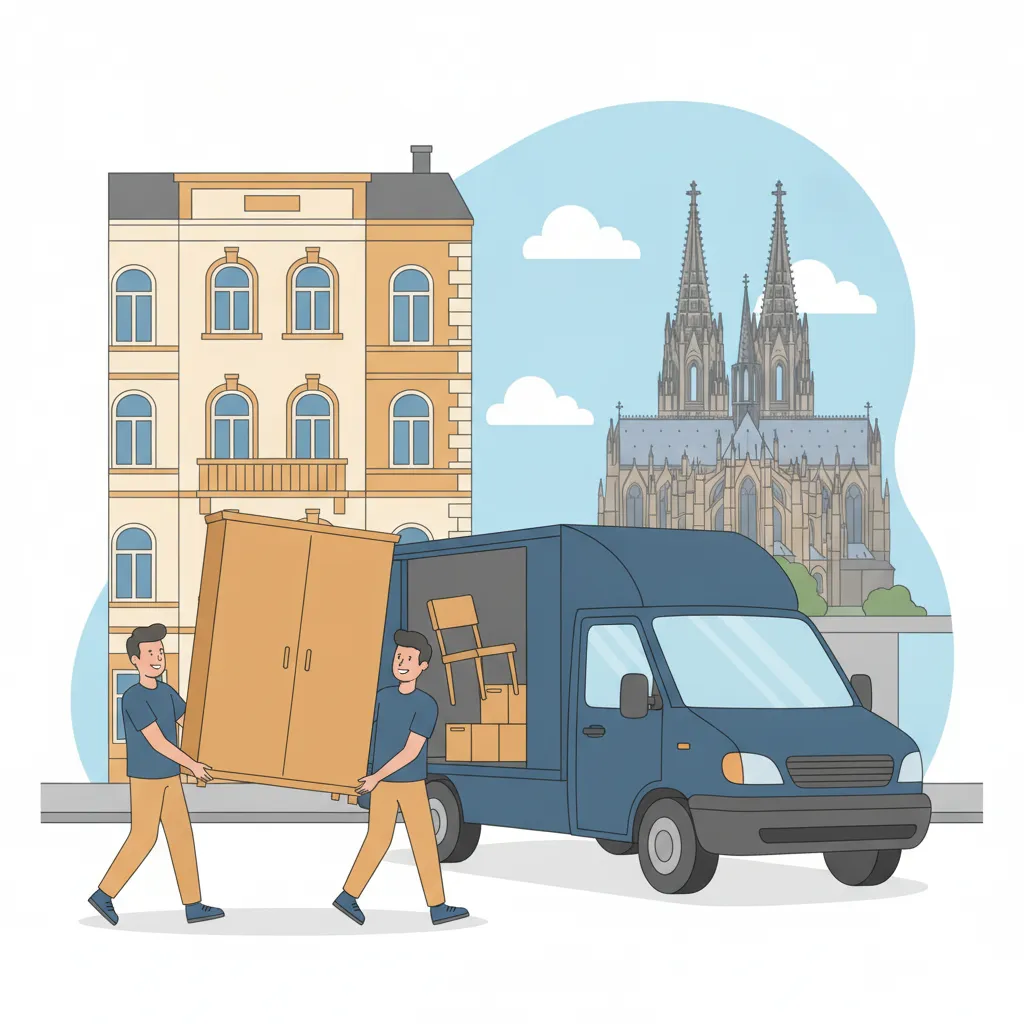 Comic-Illustration: zwei Träger laden einen Kleiderschrank als Beiladung in einen Transporter vor einer Kölner Altbaufassade mit Dom im Hintergrund – Möbelmitfahrzentrale Köln