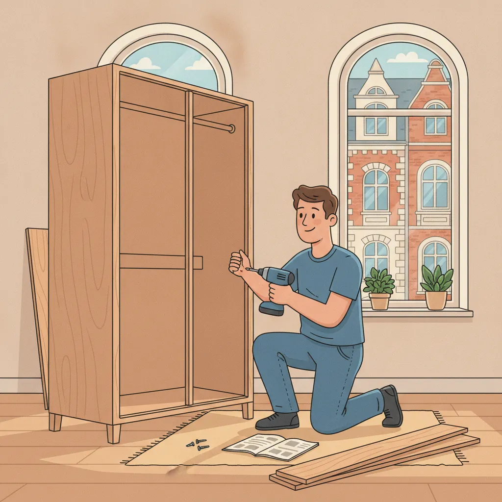 Comic-Illustration: Monteur baut mit Akkuschrauber einen Kleiderschrank in einer hellen Hamburger Altbauwohnung auf – Möbelmontage in Hamburg