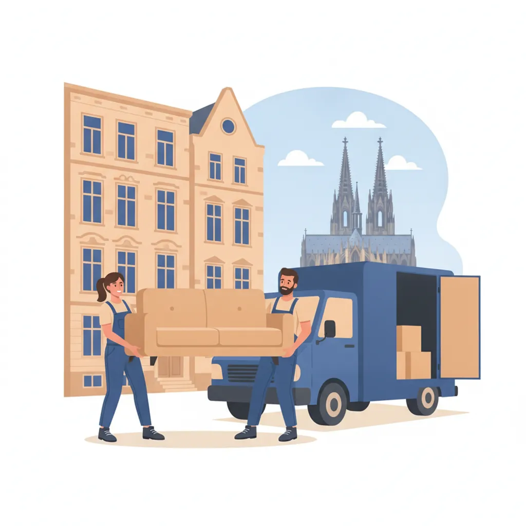 Comic-Illustration: zwei Möbelträger transportieren gemeinsam ein Sofa zu einem Transporter vor einer Kölner Altbaufassade – Möbeltaxi in Köln