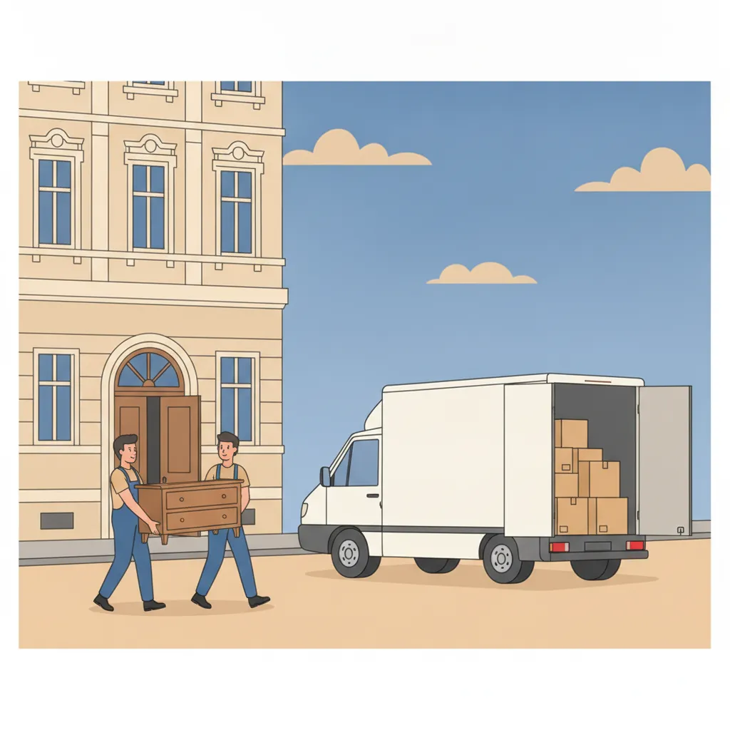 Comic-Illustration: zwei Umzugshelfer tragen eine Kommode vom Umzugswagen in einen Kölner Gründerzeit-Altbau – Privatumzug in Köln