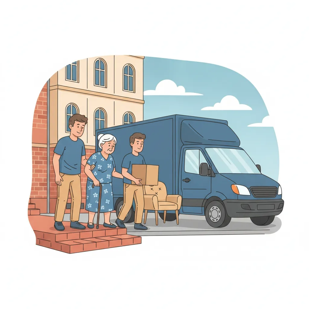 Comic-Illustration: ein freundlicher Umzugshelfer stützt eine ältere Dame, während Kartons in einen blauen Transporter vor einem Hamburger Altbau geladen werden – Seniorenumzug in Hamburg
