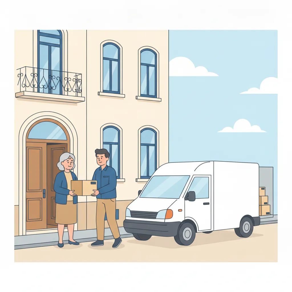 Comic-Illustration: ein freundlicher Umzugshelfer reicht einer aelteren Dame vor einem Koelner Altbau einen Karton – einfuehlsamer Seniorenumzug in Koeln