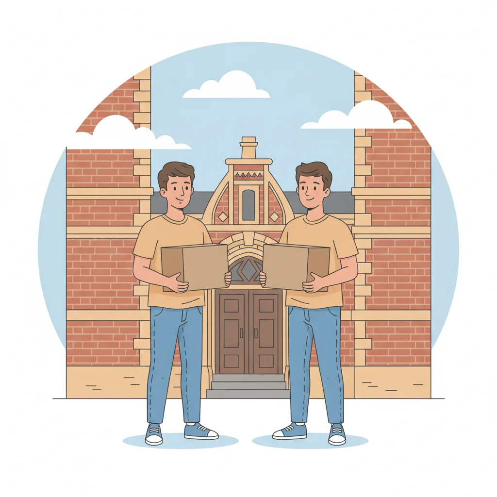 Comic-Illustration: zwei junge studentische Umzugshelfer tragen Umzugskartons vor einem Hamburger Backstein-Altbau – studentische Umzugshelfer in Hamburg
