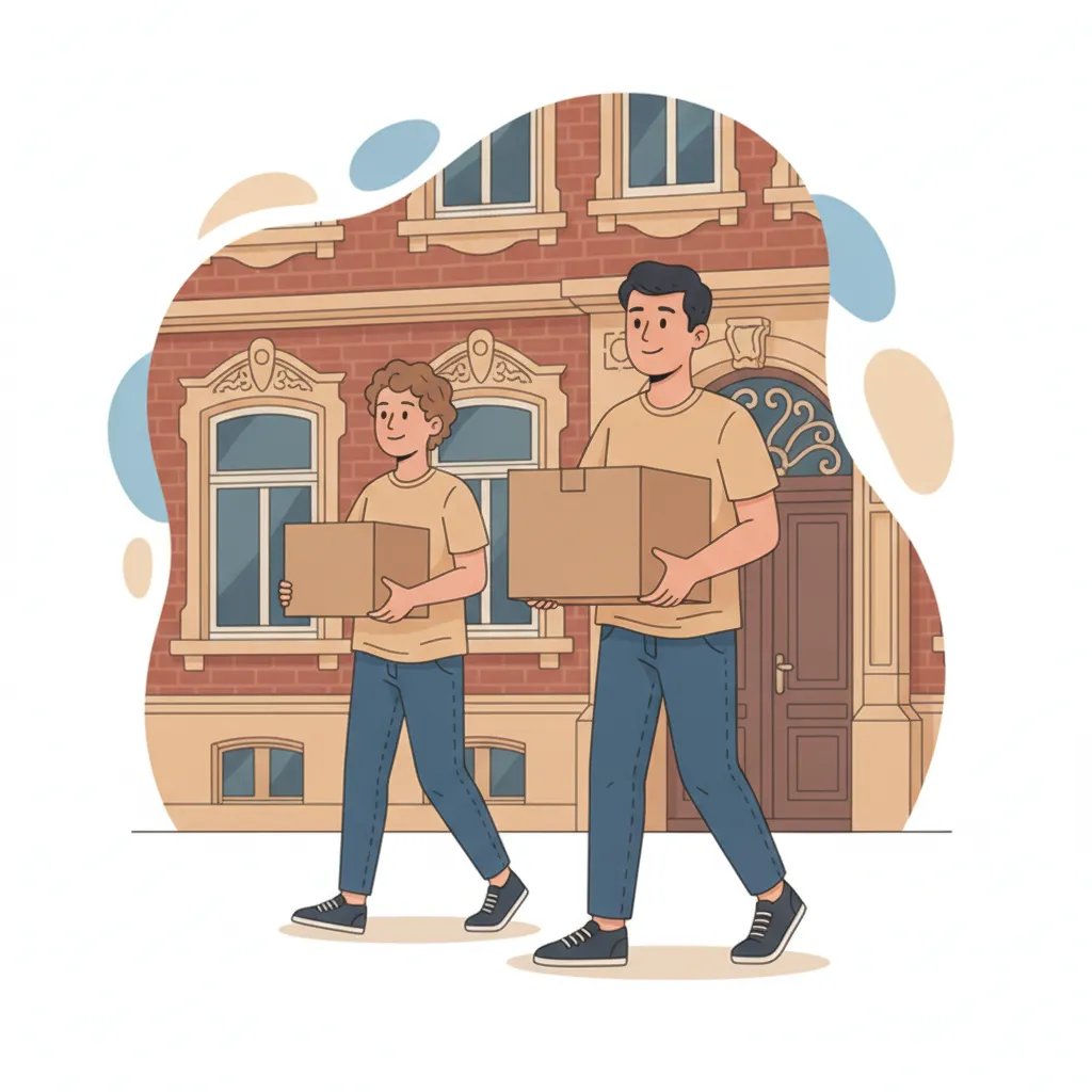 Comic-Illustration: zwei junge studentische Umzugshelfer tragen Umzugskartons vor einem Kölner Gründerzeit-Altbau in Ehrenfeld – studentische Umzugshelfer in Köln