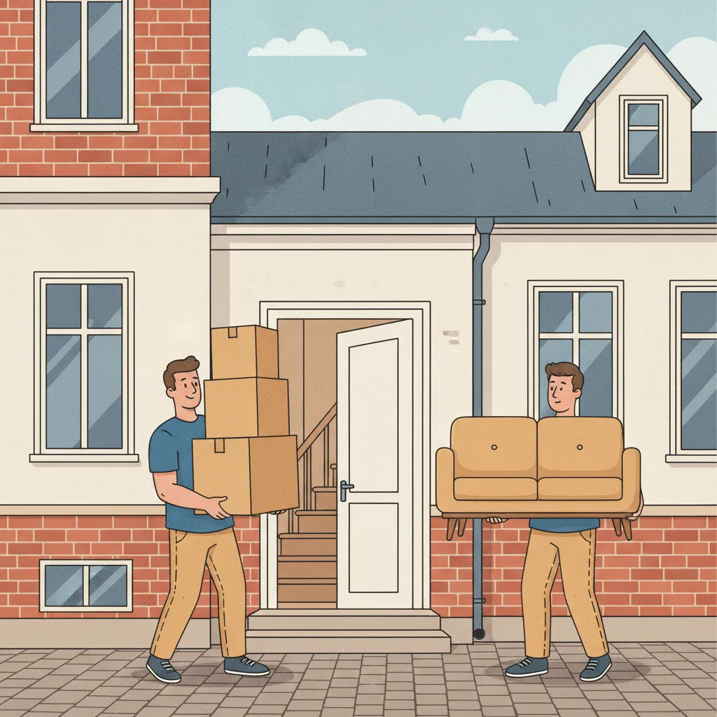 Comic-Illustration: zwei Helfer tragen Umzugskartons und ein Sofa aus einem Hamburger Altbau – Tragehilfe in Hamburg ohne eigenes Fahrzeug