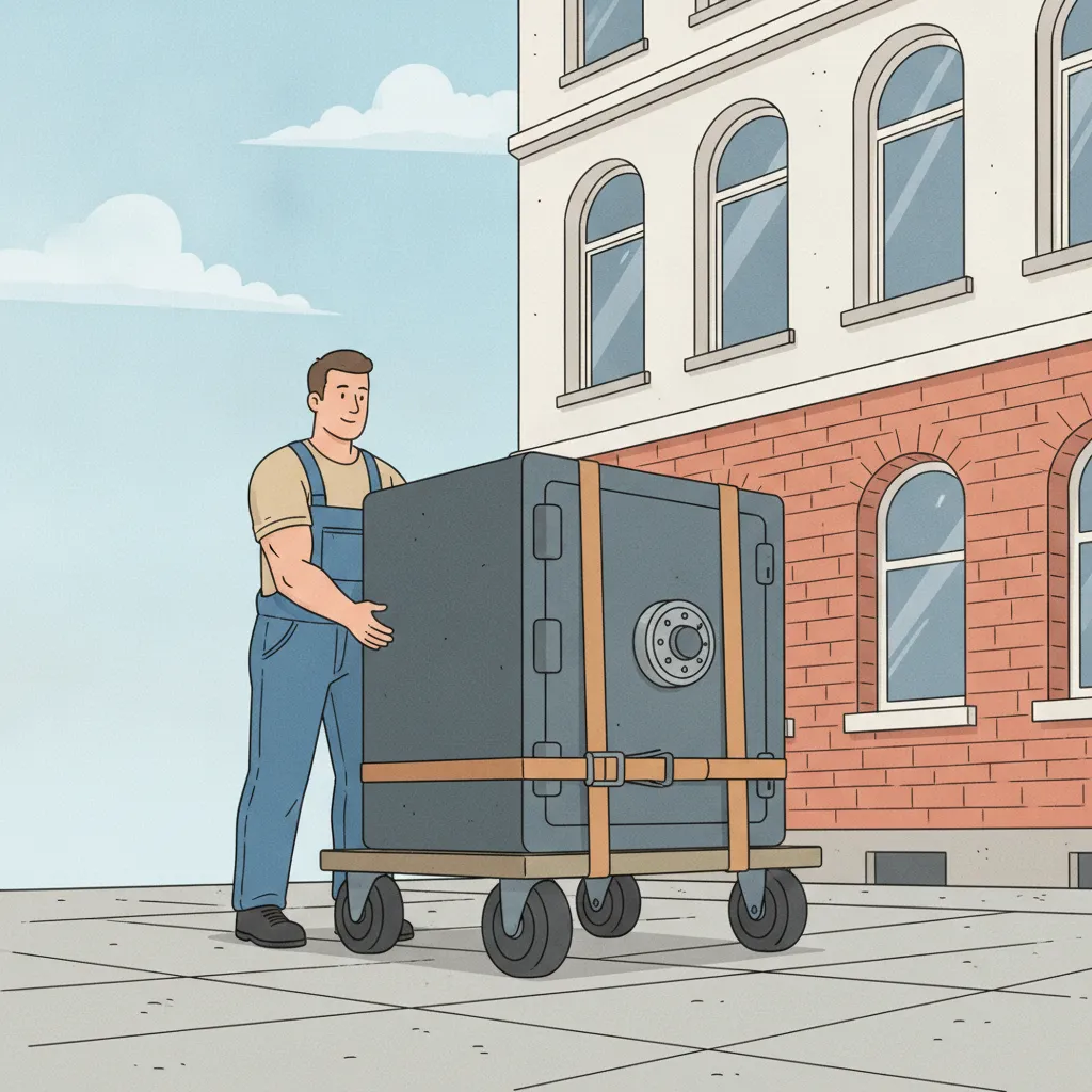 Comic-Illustration: ein schwerer grauer Tresor steht gesichert auf einem Schwerlastroller vor einer Hamburger Altbaufassade – Tresortransport in Hamburg