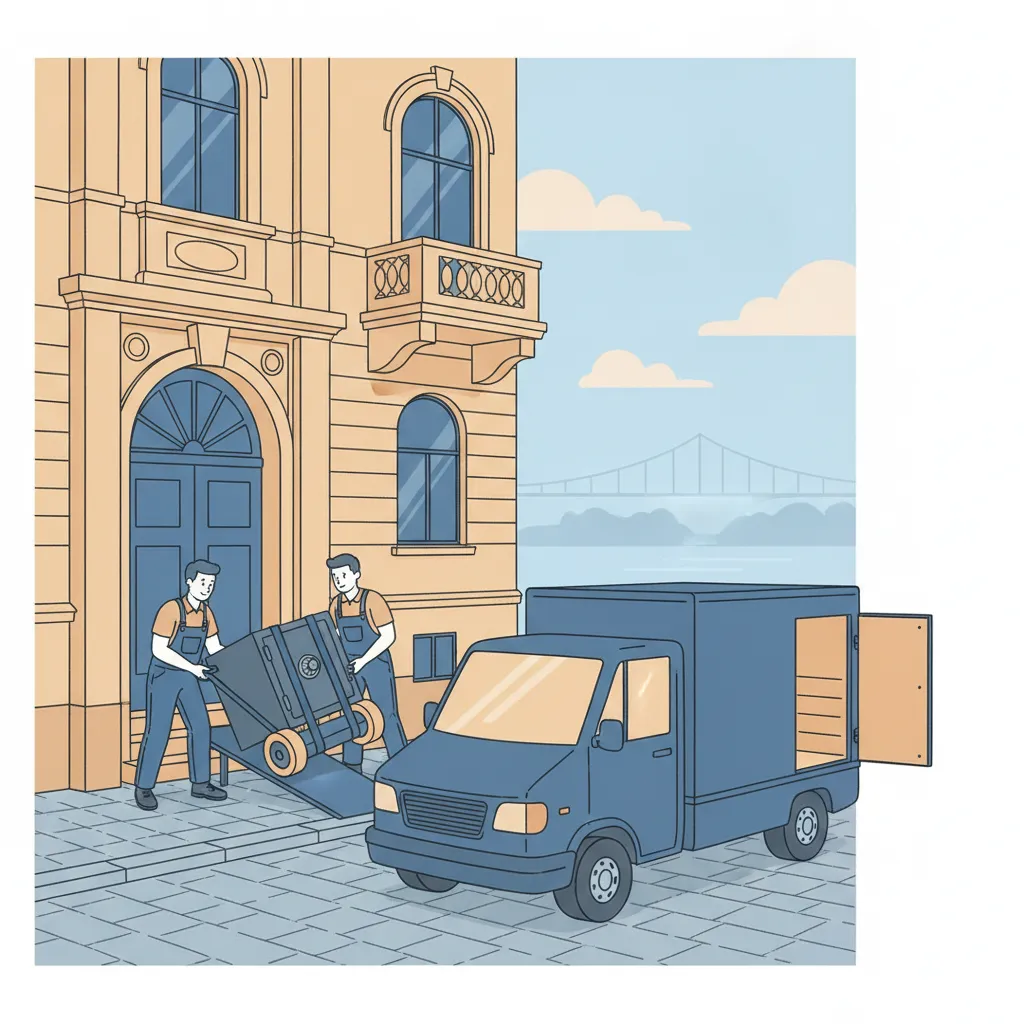 Comic-Illustration: zwei Träger bewegen einen schweren Stahltresor per Schwerlastroller aus einem Kölner Altbau – Tresortransport Kosten in Köln