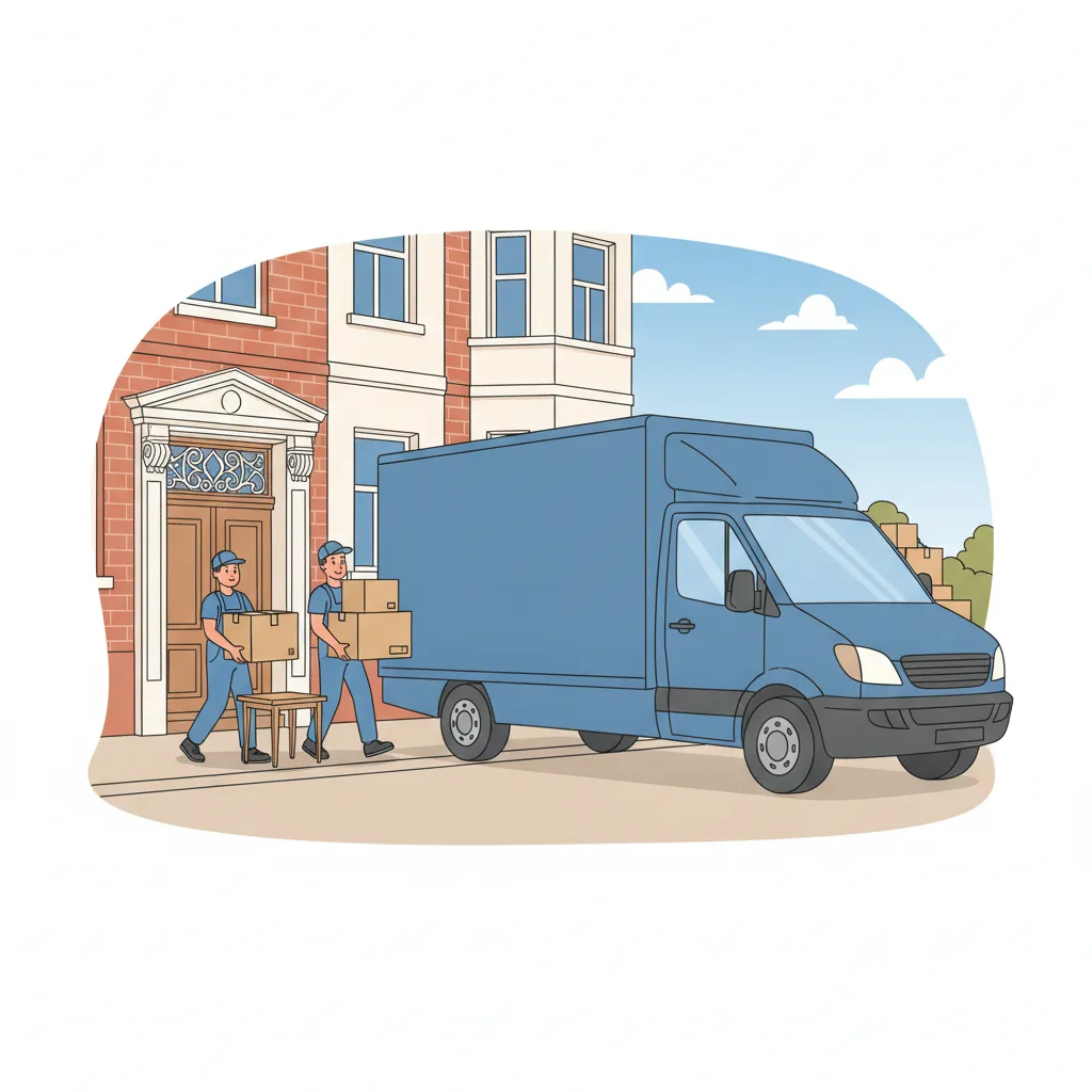 Comic-Illustration im maritimen Blau: Umzugsteam lädt am Wochenende vor einer Hamburger Altbaufassade Umzugskartons in einen Transporter