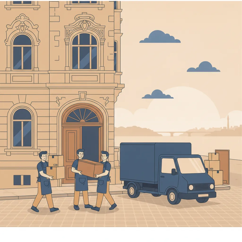 Comic-Illustration: zwei Umzugshelfer tragen gemeinsam einen Karton und einen Schrank vor einem Kölner Gründerzeit-Altbau – Umzugshelfer in Köln