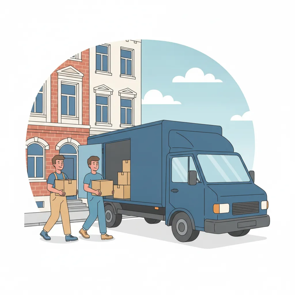 Comic-Illustration: zweiköpfiges Umzugsteam trägt Kartons zu einem maritim-blauen Umzugs-LKW vor einem Hamburger Altbau – Umzugsunternehmen in Hamburg vergleichen
