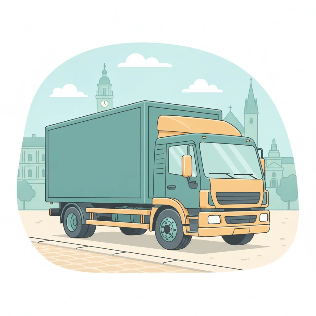 Comic-Illustration: geschlossener Umzugstransporter erreicht Augsburg – Beiladung von Hamburg nach Augsburg
