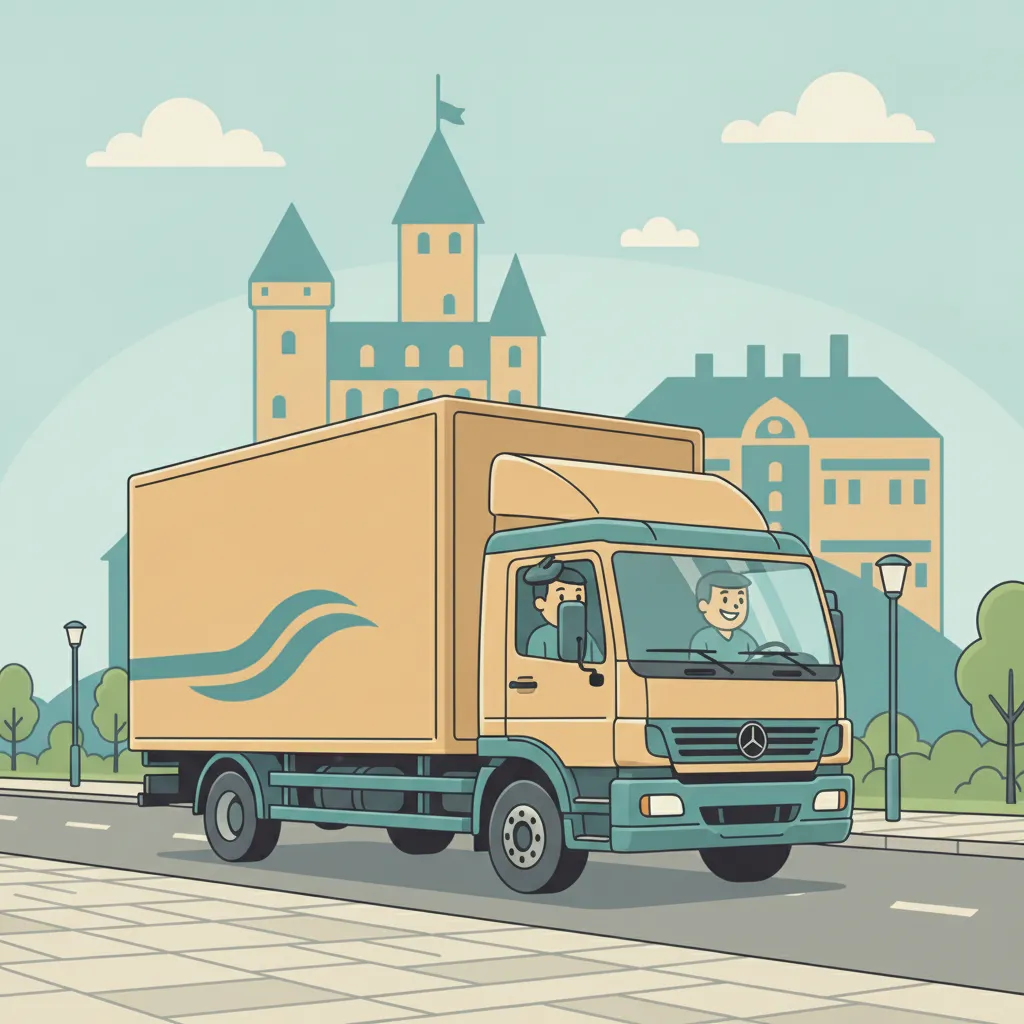 Comic-Illustration: geschlossener Umzugstransporter erreicht Bocholt – Beiladung von Hamburg nach Bocholt