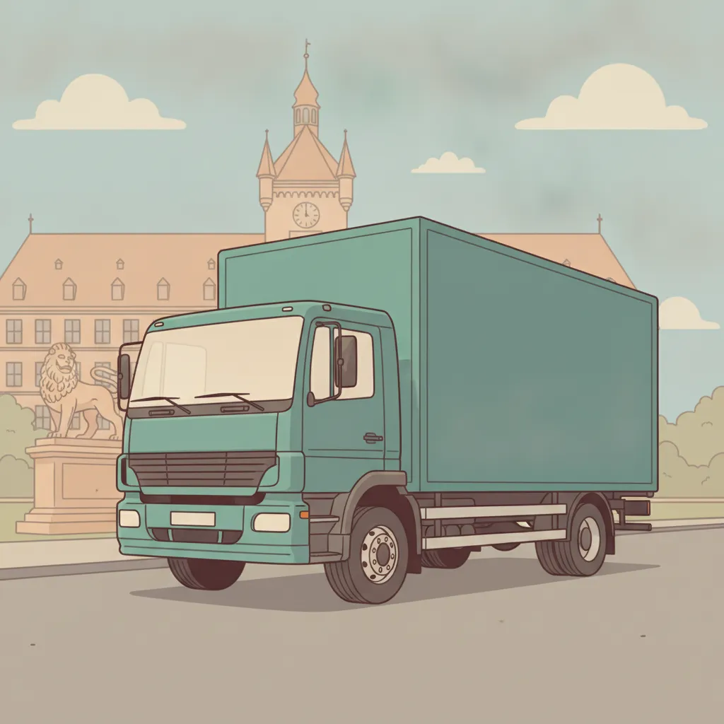 Comic-Illustration: geschlossener Umzugstransporter erreicht Braunschweig – Beiladung von Hamburg nach Braunschweig