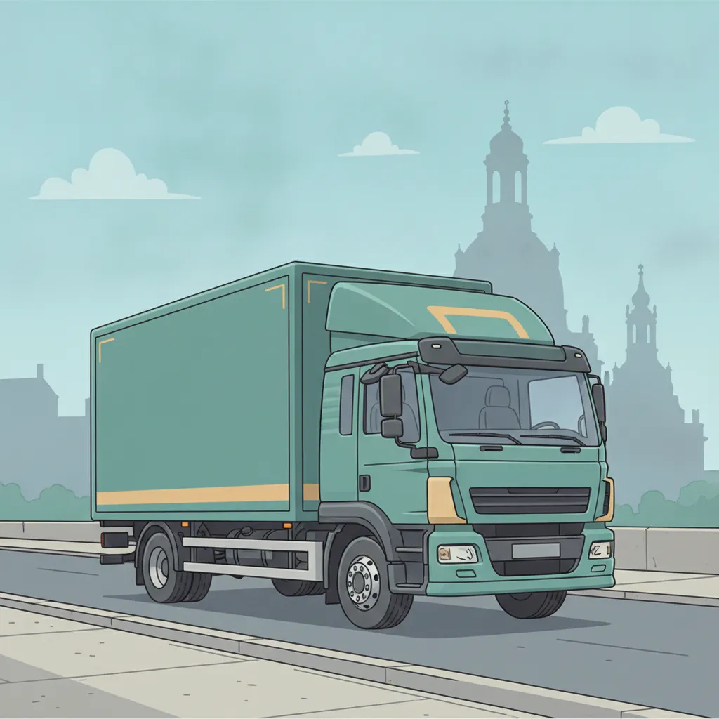 Comic-Illustration: geschlossener Umzugstransporter erreicht Dresden – Beiladung von Hamburg nach Dresden