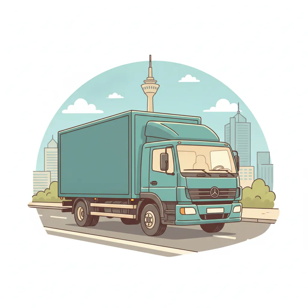 Comic-Illustration: geschlossener Umzugstransporter erreicht Düsseldorf – Beiladung von Hamburg nach Düsseldorf