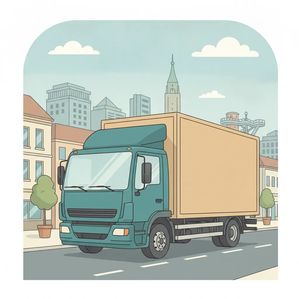 Comic-Illustration: geschlossener Umzugstransporter erreicht Duisburg – Beiladung von Hamburg nach Duisburg