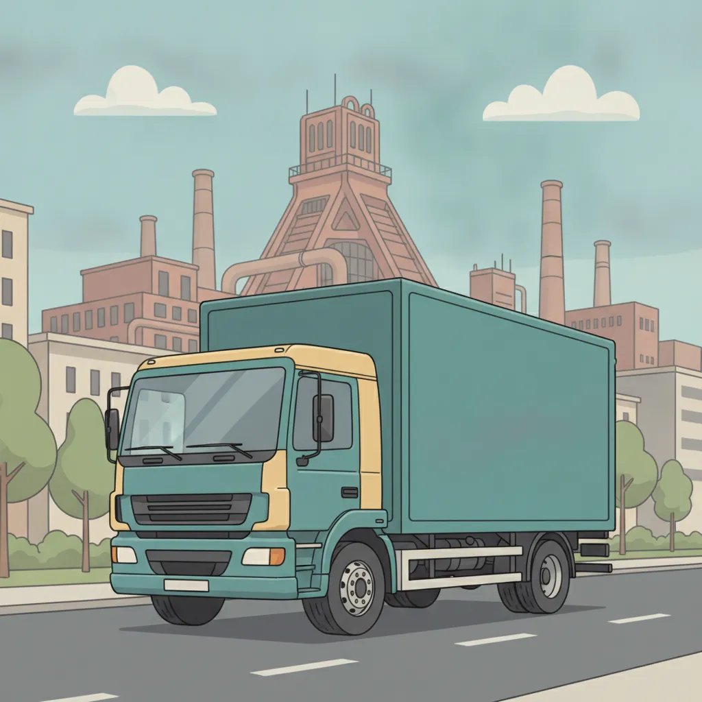 Comic-Illustration: geschlossener Umzugstransporter erreicht Essen – Beiladung von Hamburg nach Essen
