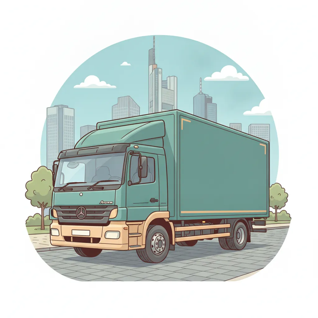 Comic-Illustration: geschlossener Umzugstransporter erreicht Frankfurt – Beiladung von Hamburg nach Frankfurt