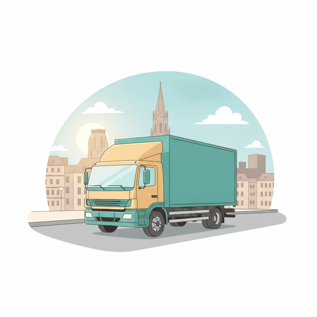 Comic-Illustration: geschlossener Umzugstransporter erreicht Freiburg – Beiladung von Hamburg nach Freiburg