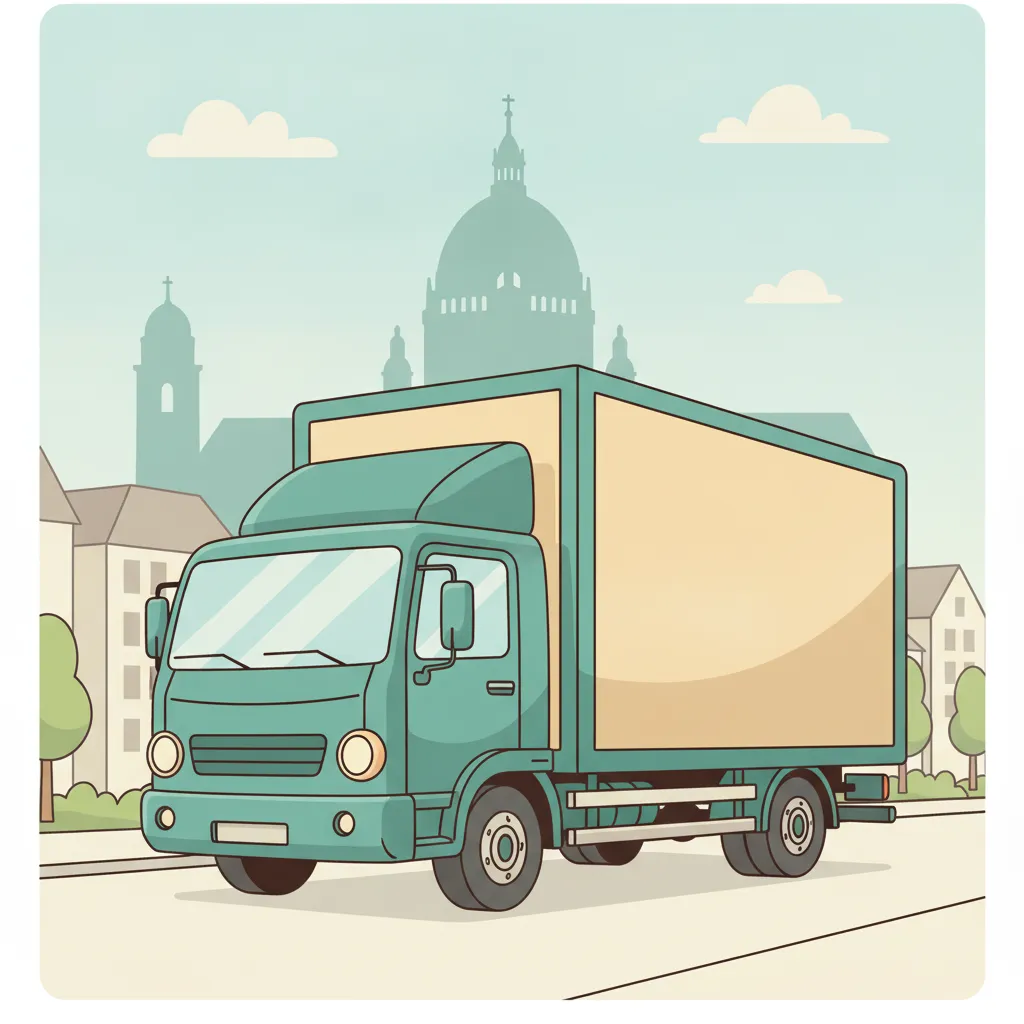 Comic-Illustration: geschlossener Umzugstransporter erreicht Hannover – Beiladung von Hamburg nach Hannover