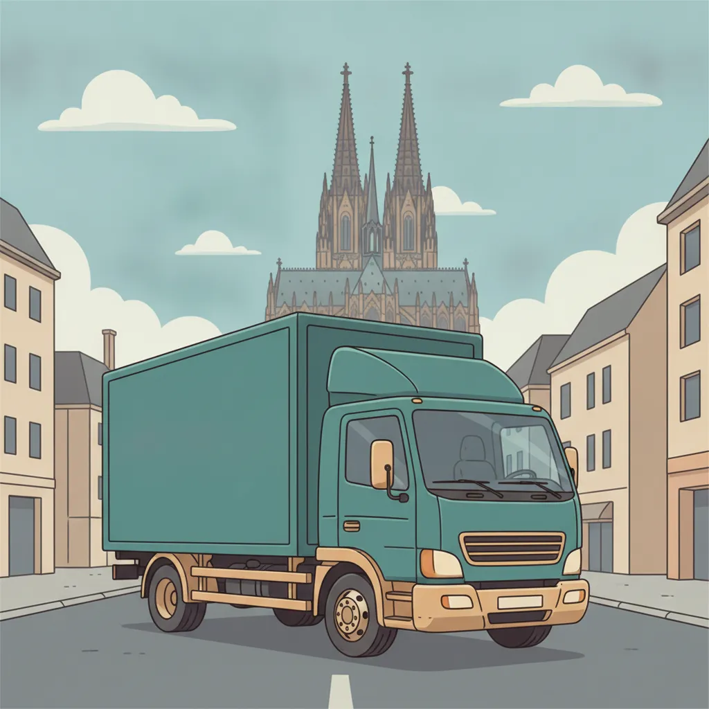 Comic-Illustration: geschlossener Umzugstransporter erreicht Köln – Beiladung von Hamburg nach Köln