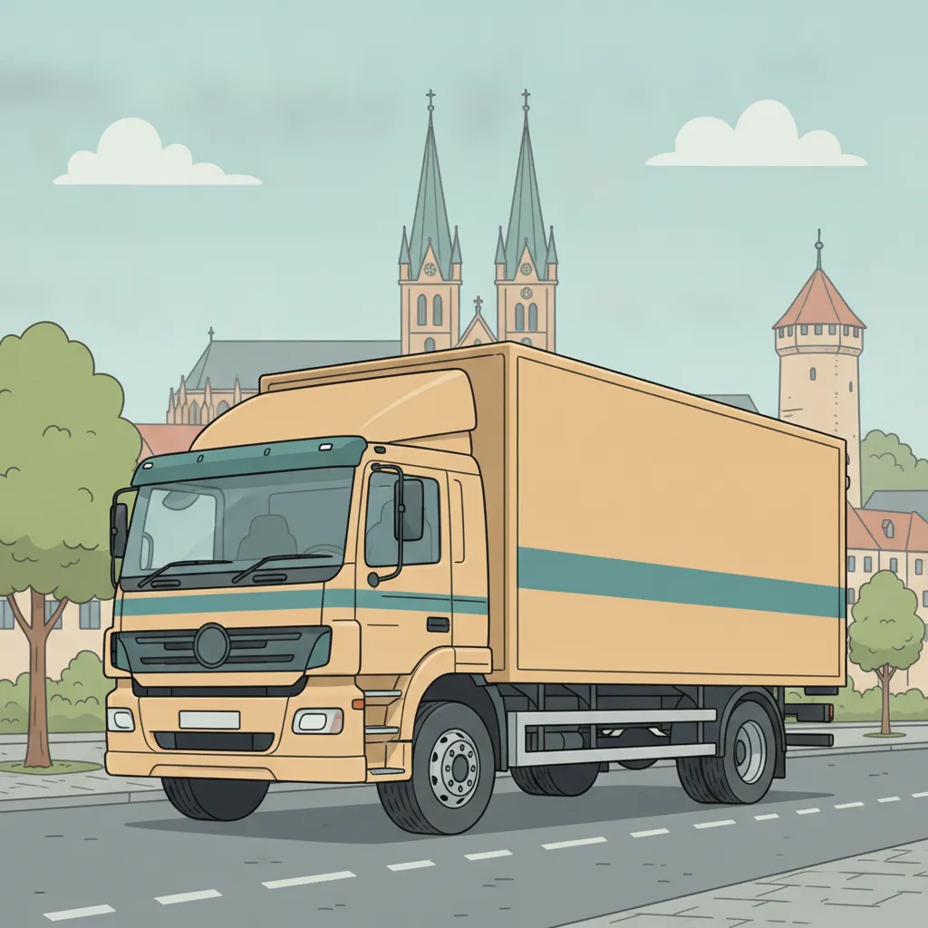 Comic-Illustration: geschlossener Umzugstransporter erreicht Konstanz – Beiladung von Hamburg nach Konstanz