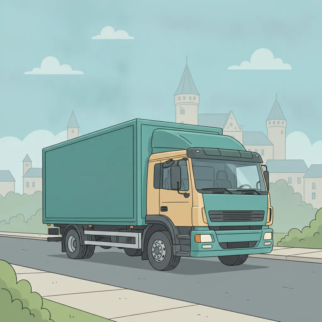 Comic-Illustration: geschlossener Umzugstransporter erreicht Krefeld – Beiladung von Hamburg nach Krefeld