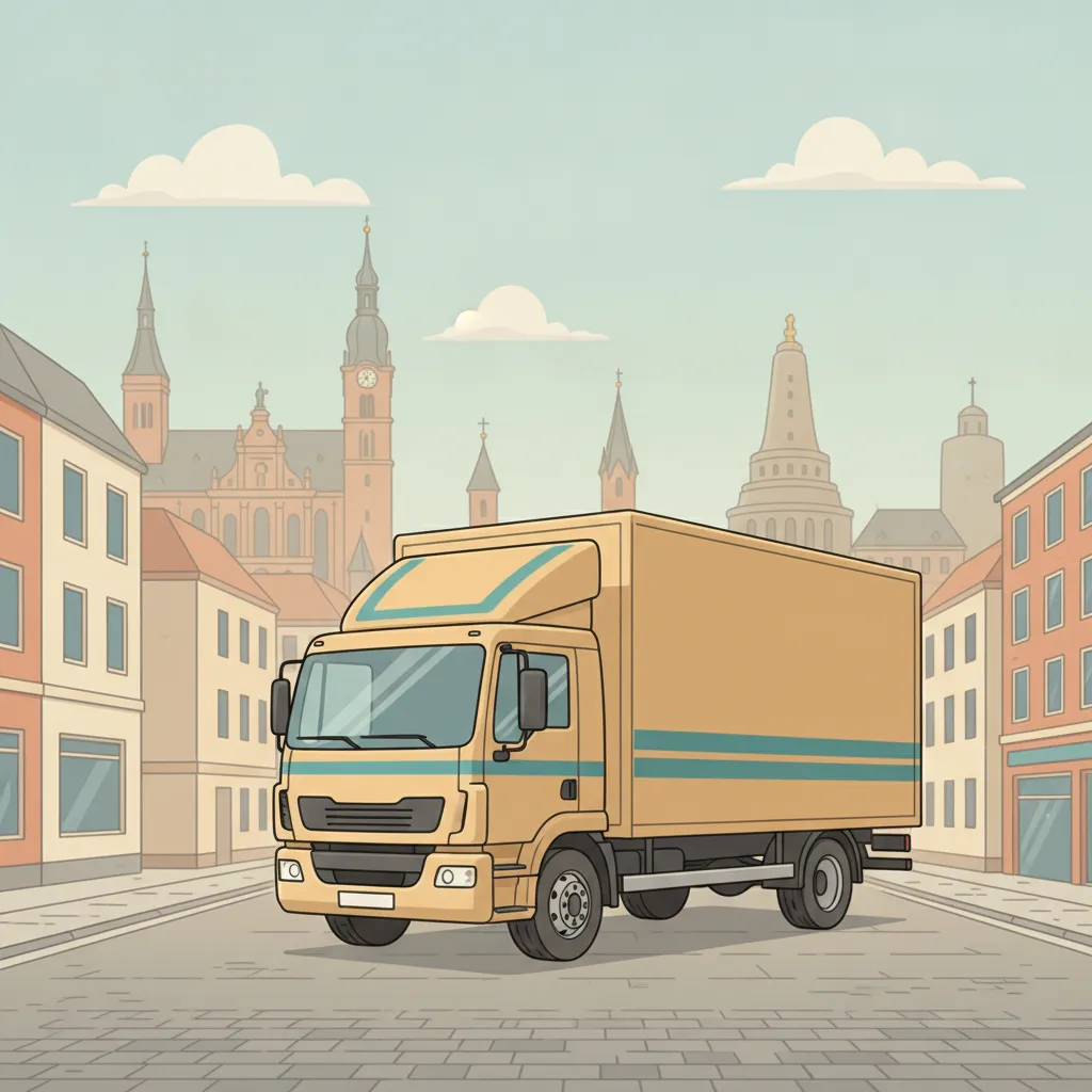 Comic-Illustration: geschlossener Umzugstransporter erreicht Leipzig – Beiladung von Hamburg nach Leipzig