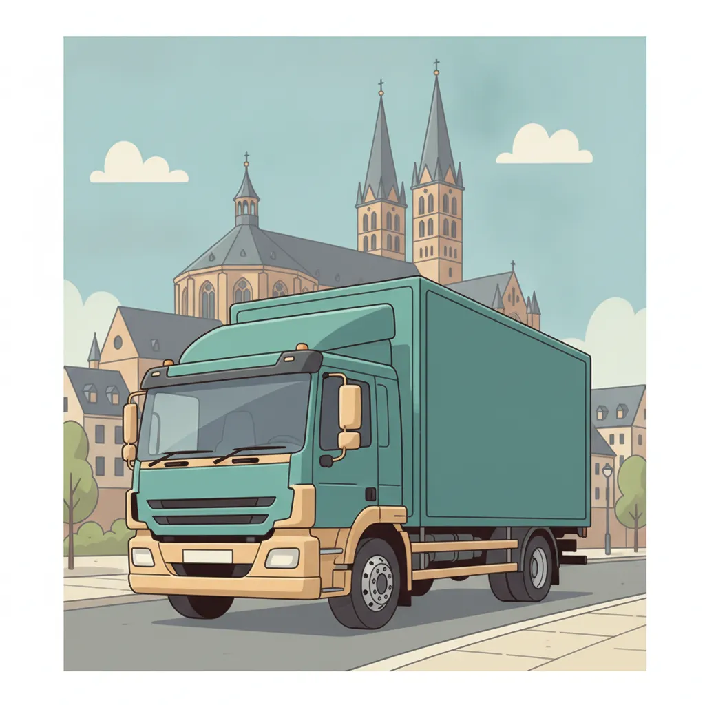 Comic-Illustration: geschlossener Umzugstransporter erreicht Aachen – Beiladung von Köln nach Aachen