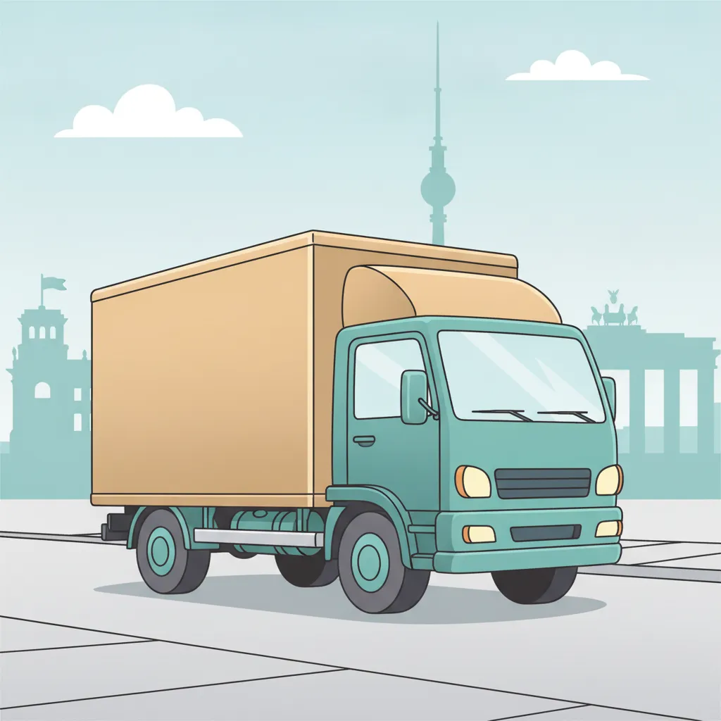 Comic-Illustration: geschlossener Umzugstransporter erreicht Berlin – Beiladung von Köln nach Berlin