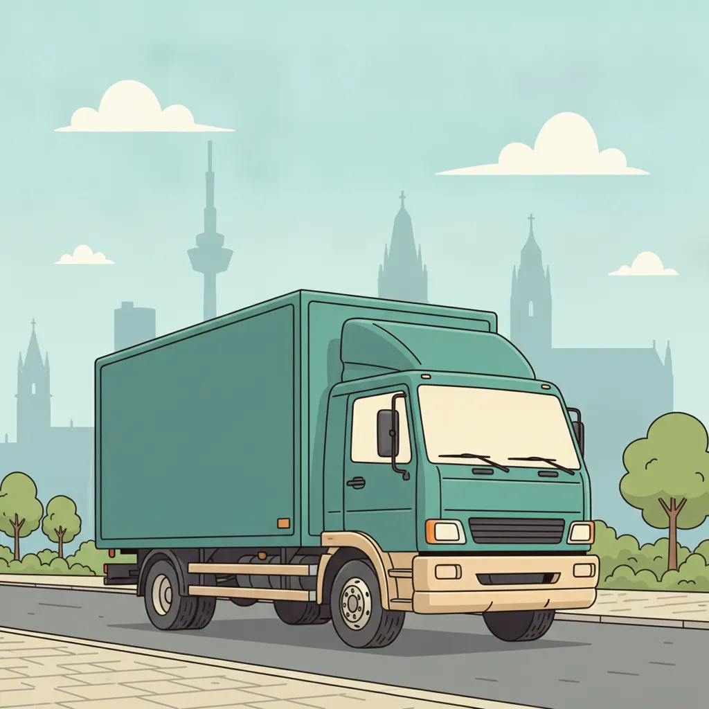 Comic-Illustration: geschlossener Umzugstransporter erreicht Bonn – Beiladung von Köln nach Bonn