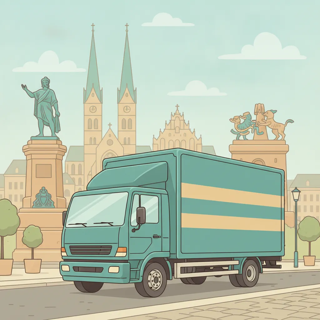 Comic-Illustration: geschlossener Umzugstransporter erreicht Bremen – Beiladung von Köln nach Bremen