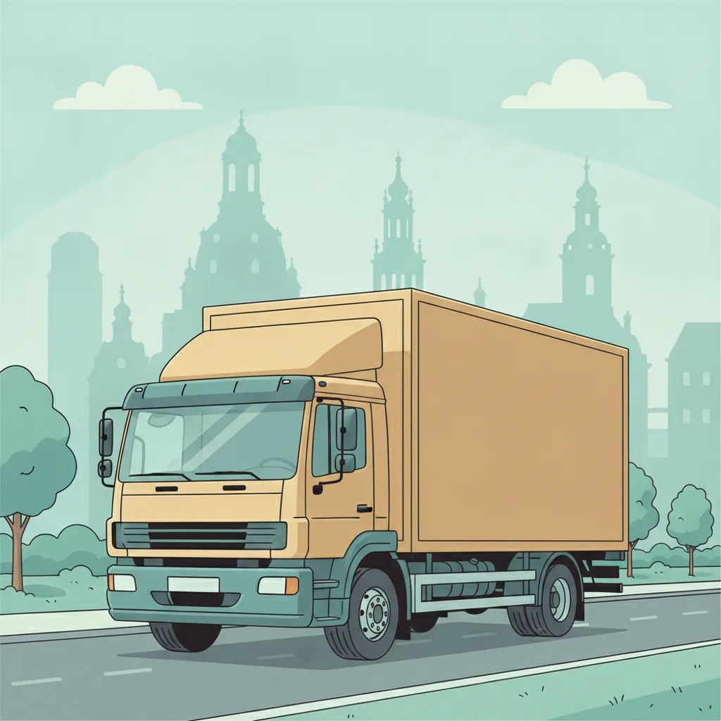 Comic-Illustration: geschlossener Umzugstransporter erreicht Dresden – Beiladung von Köln nach Dresden