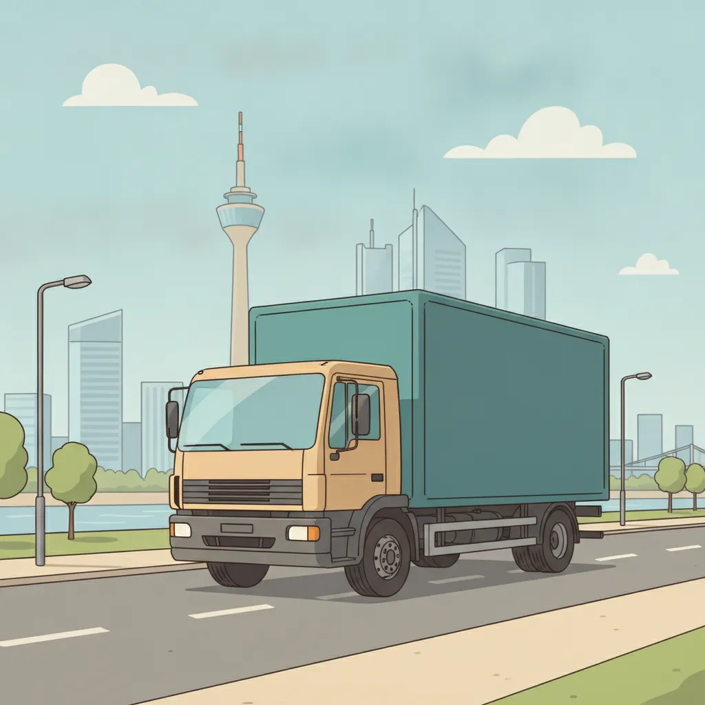 Comic-Illustration: geschlossener Umzugstransporter erreicht Düsseldorf – Beiladung von Köln nach Düsseldorf