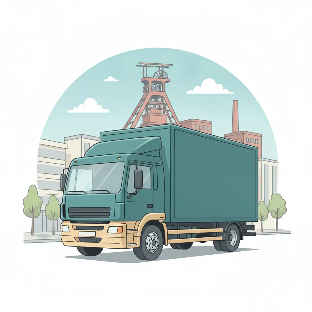 Comic-Illustration: geschlossener Umzugstransporter erreicht Essen – Beiladung von Köln nach Essen