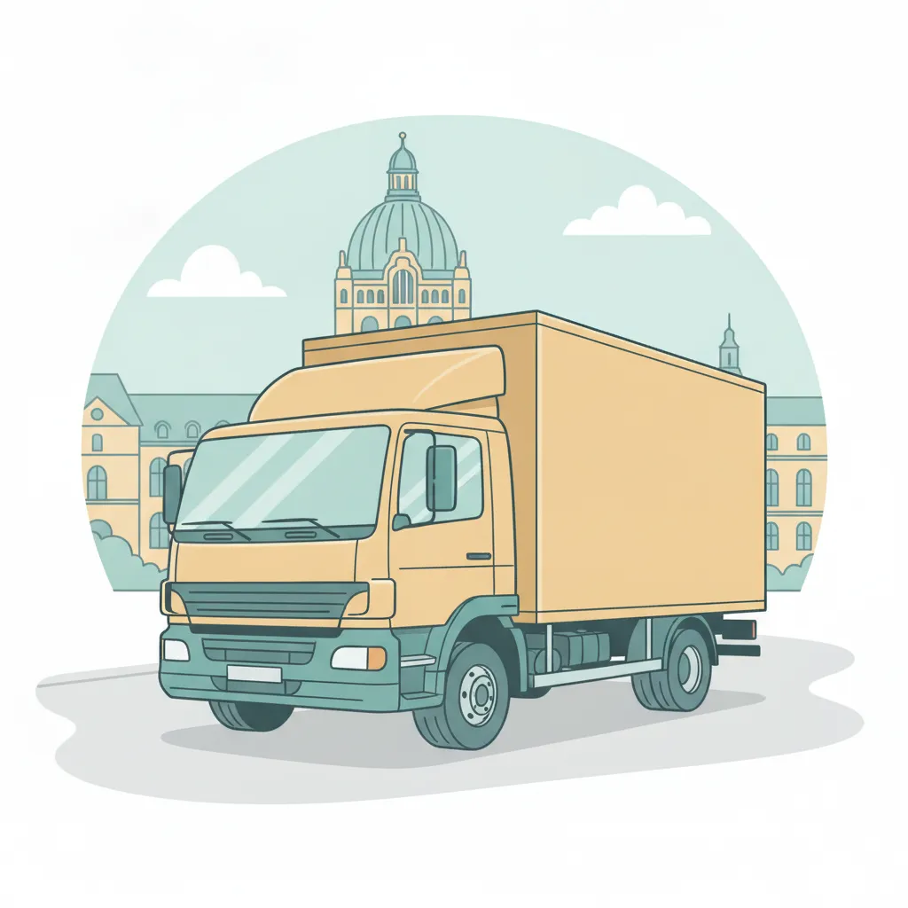 Comic-Illustration: geschlossener Umzugstransporter erreicht Hannover – Beiladung von Köln nach Hannover