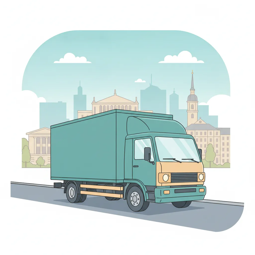 Comic-Illustration: geschlossener Umzugstransporter erreicht Leipzig – Beiladung von Köln nach Leipzig