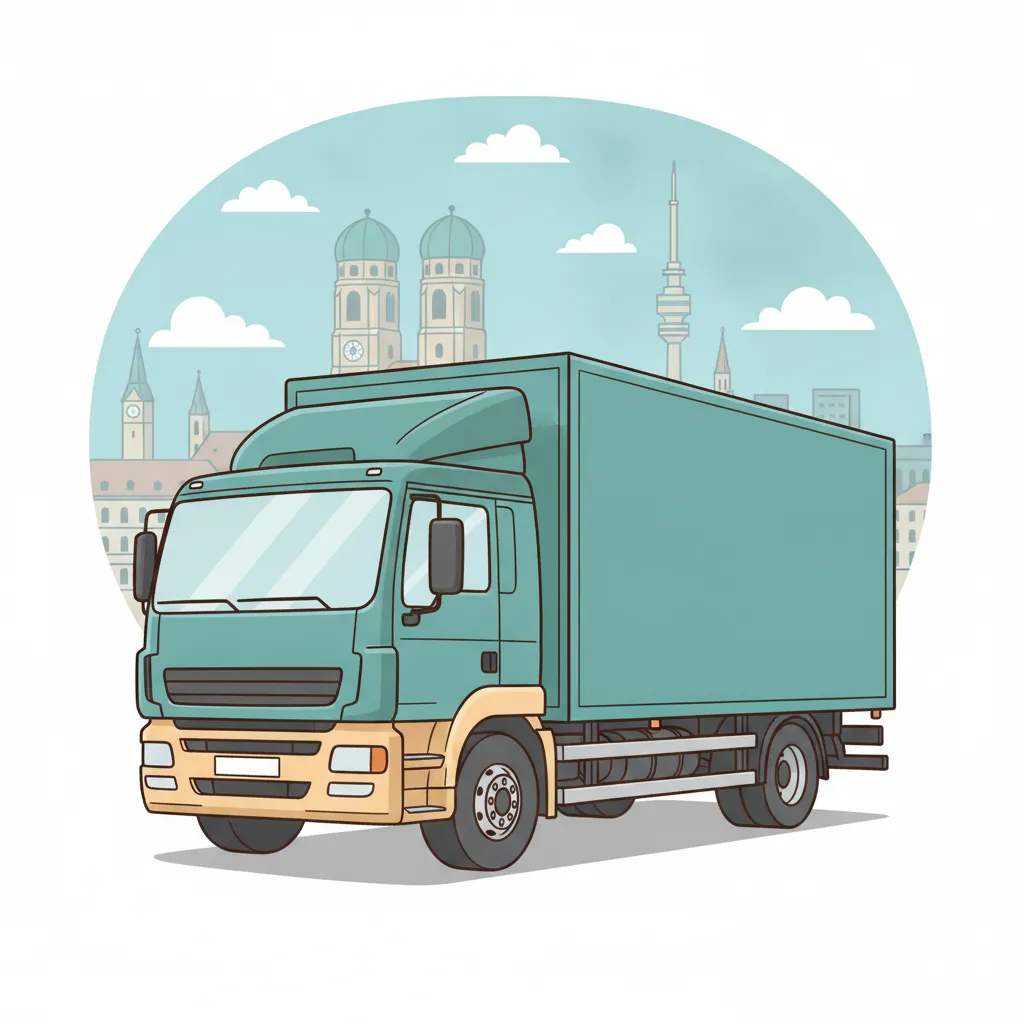 Comic-Illustration: geschlossener Umzugstransporter erreicht München – Beiladung von Köln nach München